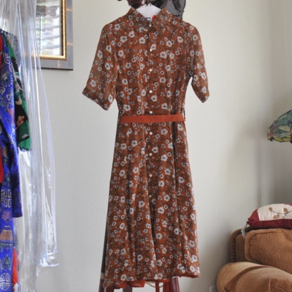 Brown orange button up floral dress